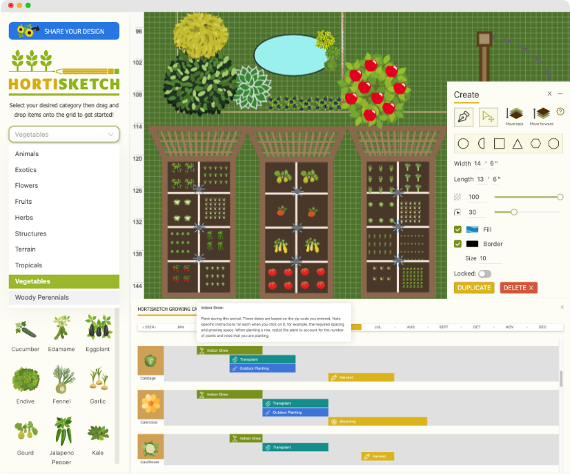 Garden Savvy app interface showing garden design tools